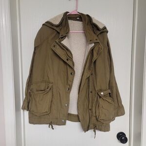 ~ womens military style rubbish double layered button and zip jacket with hood